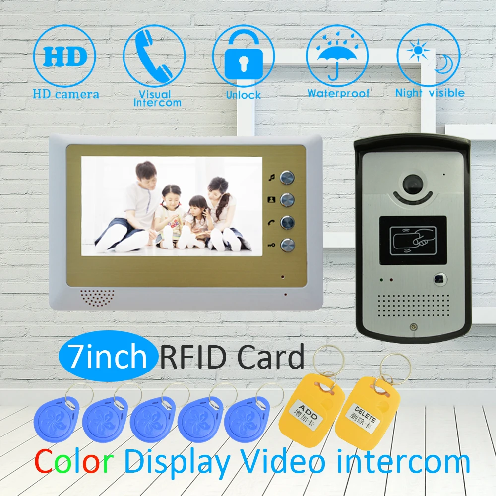 (1 SET) 1 to 1 Door intercom System For House 7 inch surface Monitor Wire type Video Door Phone Night Version Doorbell RFID