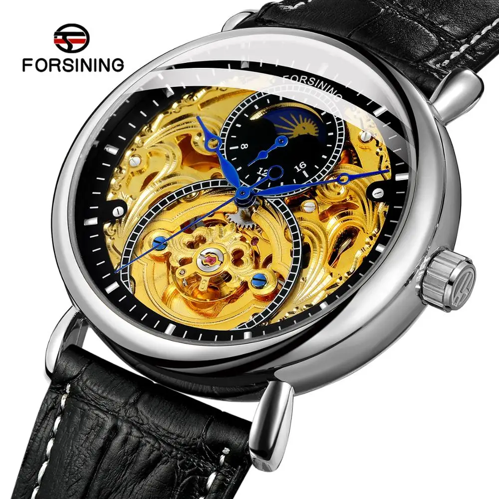 

FORSINING Automatic Watch Men Sun Moon Phase Mens Tourbillon Mechanical Watches 3ATM Waterproof Male Wristwatches Clocks