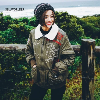 

2018 SELLWORLDER Winter Women Army Green Jacket Long Sleeve Turn-down Collar Jacket Women Warm Coat