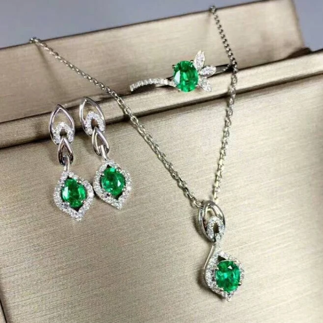 

MeiBaPJ Top Quality Natural Emerald Gemstone Jewelry Set 925 Sterling Silver 3 Siut Green Stone Fine Wedding Jewelry for Women