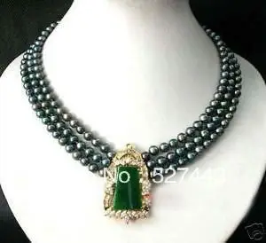 

Wholesale free shipping >>3 row black pearl green jade crystal pendant necklace