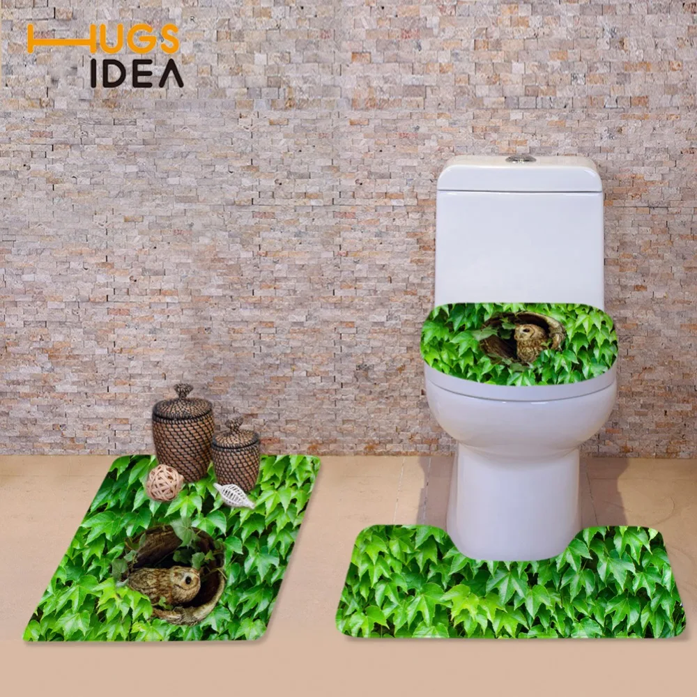 HUGSIDEA Creative 3D Bathroom Toilet Seat Cover Fashion Green Plants Leaves Pattern WC Floor