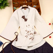 Китайский традиционный топ с цветочным принтом, китайская блуза, рубашка Ципао, китайский Топ с длинным рукавом для