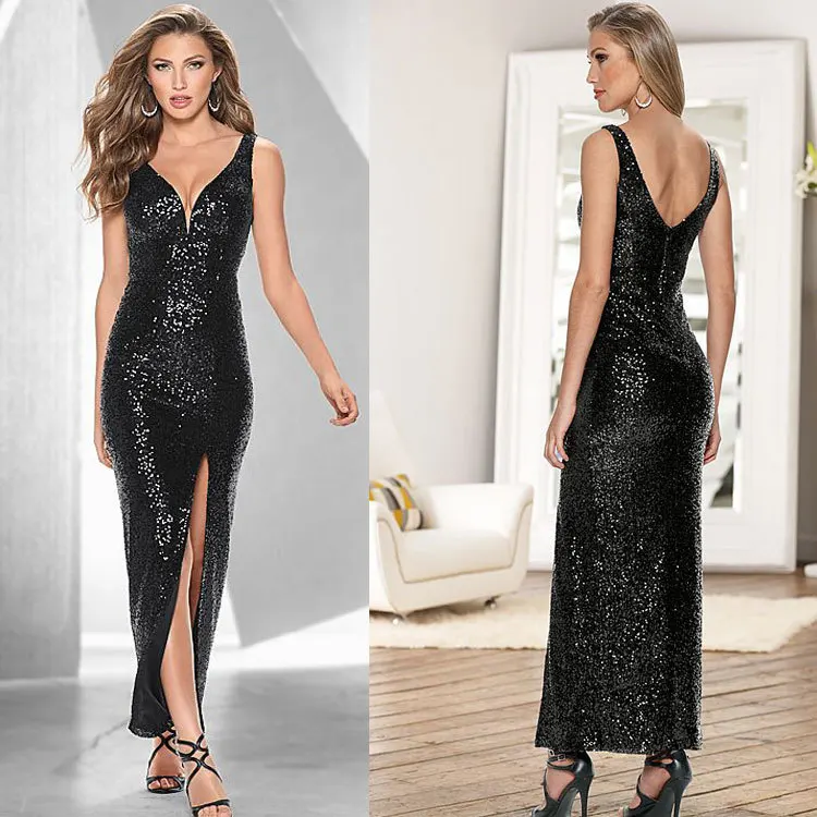 Black Color Women's Ankle Length Bodycon Dress V Neck Sexy Evening