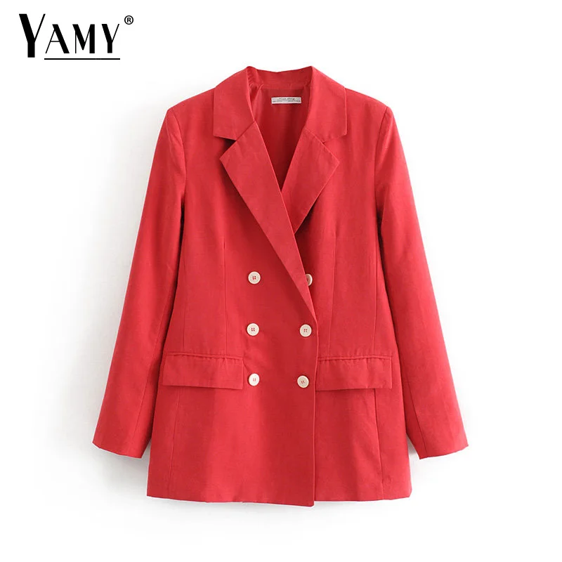 

2019 Autumn Winter vintage double breasted blazer women jackets feminino office lady yellow red blazer mujer casual coat women