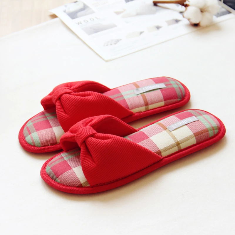 Interior Red Autumn Winter Lovely House Slippers Women Mujer Shoes Bow Cotton Home Indoor Girl Pantuflas
