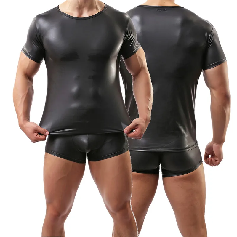 Из искусственной кожи футболки + шорты-боксеры Для мужчин пикантные Фитнес Топы гей боксеры Для мужчин s этап футболка Повседневная одежда