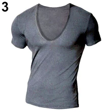 Sexy V-Neck Short Sleeve Solid Color Men Slim Fit Workout  T-shirt Tee Top