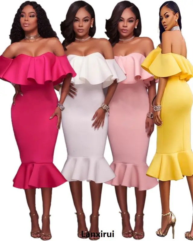 

Newest Design Rose/Green/White Off Shoulder Strapless Ruffles Midi Dress Hot Sexy Woman Night Out Wear Fish tail Dresses Online