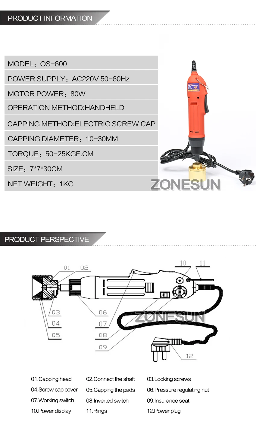 ZONESUN Ручной портативный полуавтоматический флакон электрический пластиковый колпачок для бутылки пинг машина завинчивающаяся крышка запечатывающая машина крышка для бутылки