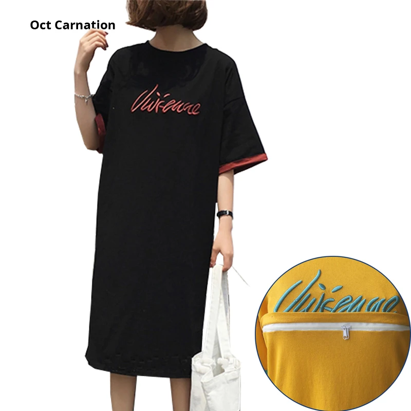 

Breastfeeding Dress Embroidery Letters Solid Color Pure Cotton Horizontal Invisible Zipper Maternity Clothes Summer
