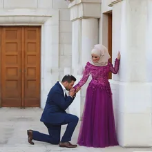 robe de soiree Middle East Magenta Prom Dresses with Appliques Evening Dress Long Sleeve DuBai With Hijab vestido de festa