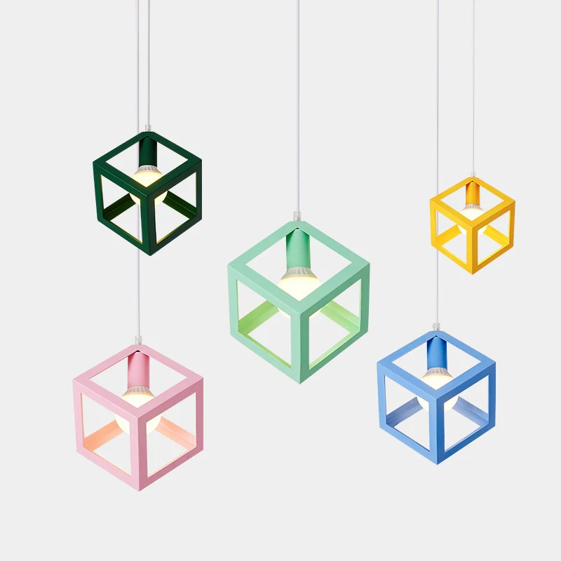 

Colorful macaron pendant light cube metal lamp body restaurant foyer decoration LED lamp children room E27 lamp lighting fixture