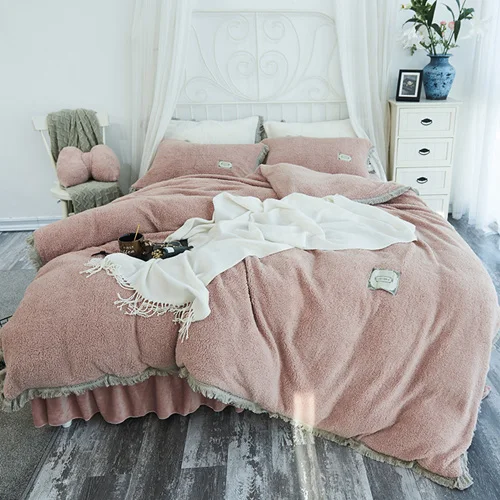 Thick Lambs Wool Velvet Bedding Set Warm Winter Fleece Tassels Duvet