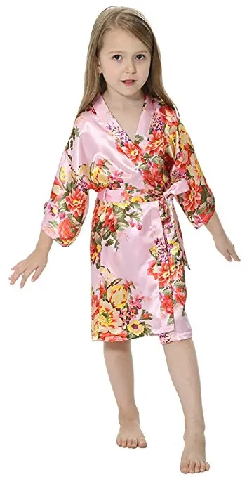 Сатиновое кимоно с цветочным рисунком для девочек, нарядный халат для девочек на свадьбу, детский банный халат кимоно для вечеринок, одежда для сна