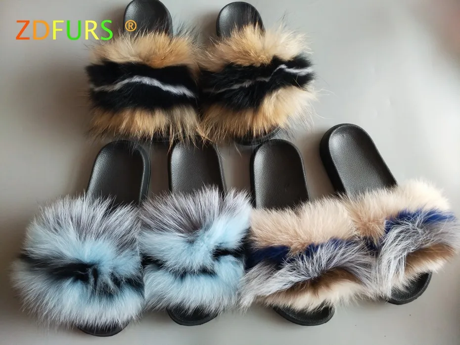 ZDFURS/; Лидер продаж; женские шлепанцы с лисьим мехом; Разноцветные Летние модные шлепанцы; женские меховые домашние Вьетнамки; пляжные сандалии