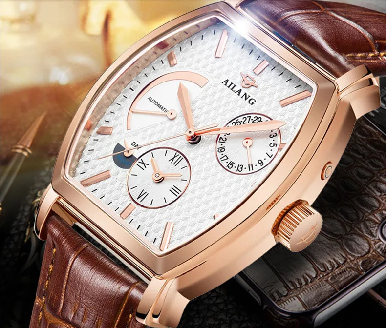 Vintage Men Tonneau Automatic Dress Watches Elegant British Wind