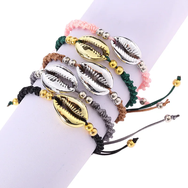 

Colorful Rope Braided Friends Beach Cowry Bracelet Boho Metal Seashell Shell Bracelet Hand Knit Adjustable Cord Women Bracelets