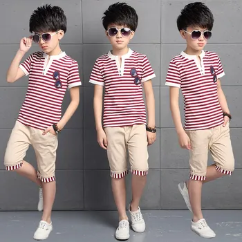 

Children's Wear Boys' Summer Sets Kids Short Sleeved Striped Sport Suit Big Child Two-piece Boys' Fashion Suit Teenage Clothing
