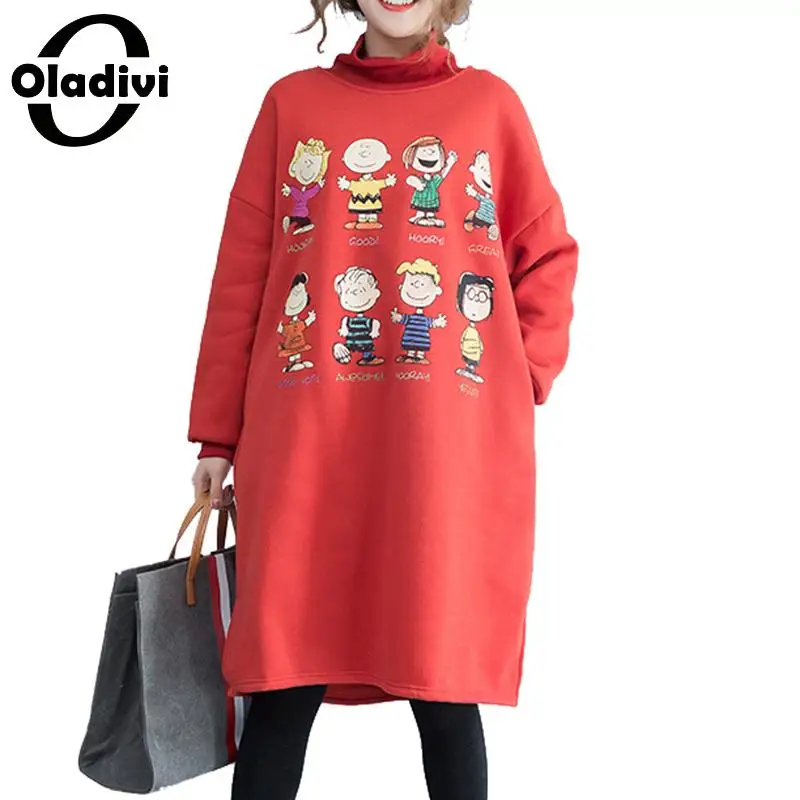 

Oladivi Plus Size Women Velvet Dress Ladies Casual Loose Fleece Dresses Female Fashion Print Turtleneck Warm Top Tunics Vestidos