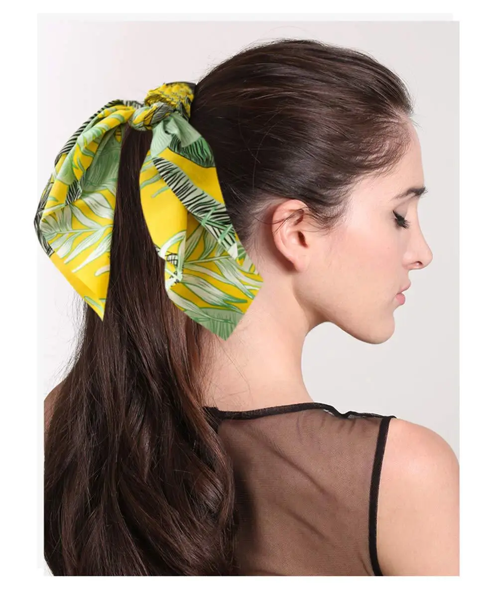 

Bohemia 1Pcs Satin Printed Leaves Bows Hair Band Rope Scrunchies Ponytail Holder Elastic Gum for Women Girls Hair Accessories