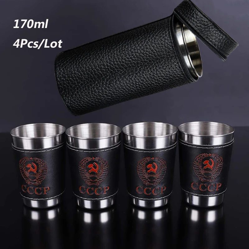 

4Pcs/Lot 170ml Travel Cups Outdoor Tableware Camping Cup Stainless Steel Portable Home Wine Whiskey Mugs With Black PU Leather