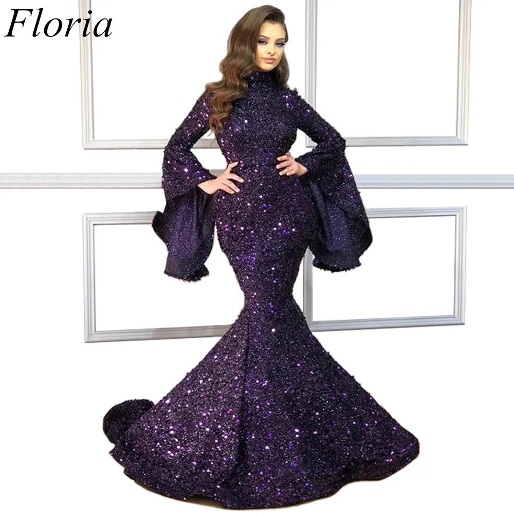 

New Arrival Dark Purple Dubai Evening Dresses 2019 Mermaid Plus Size Sequin Long Formal Evening Gowns High Neck robe de soiree