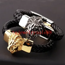 Тяжелый огромный серебро Голова Золотого Льва крепкая нержавеющая сталь мужские ювелирные изделия браслеты Высокое качество Черный Кожаный Браслет 15 мм* 8,66"