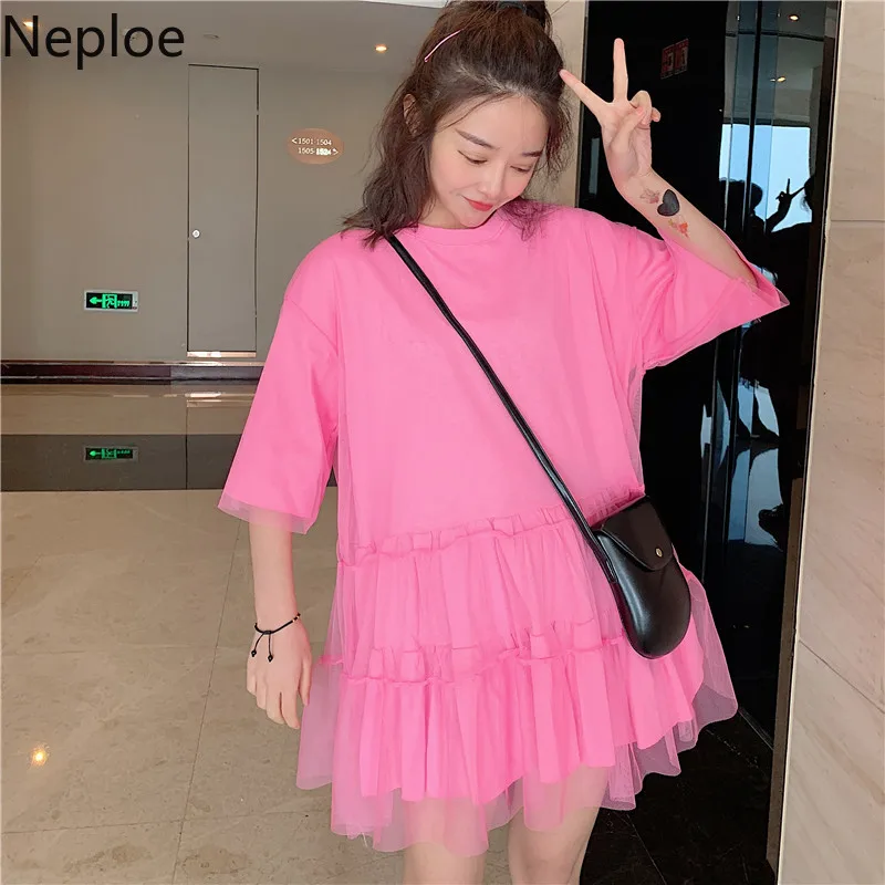 

Neploe Fake Twon Piece Women Dress Casual O-Neck Short Sleeve Vestidos Loose Mesh Patchwork Female Dresses 44496