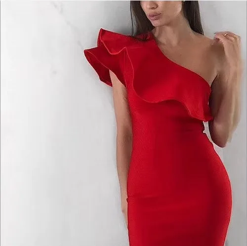 

Summer Women Celebrity Party Dress Vestidos Verano 2019 Sexy Sleeveless Ruffles Red Pink One Shoulder Bodycon Club Dress