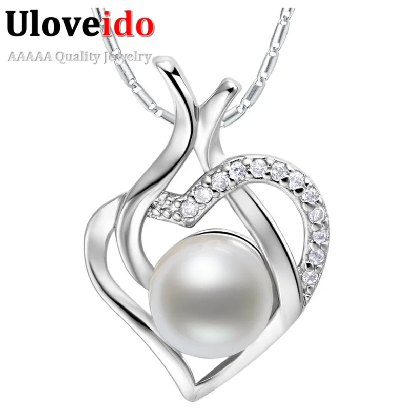 

Suspension Silver Pearl Necklace Women Love Heart Pendant Zircon 2016 New Gift For Women Pendentif Collar Charms Bijouterie N860