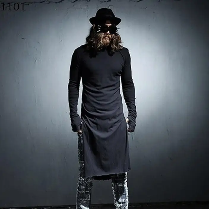 

Spring Summer Mens extended t shirt Long sleeve Black White Rock punk Extra long top Night club clothes