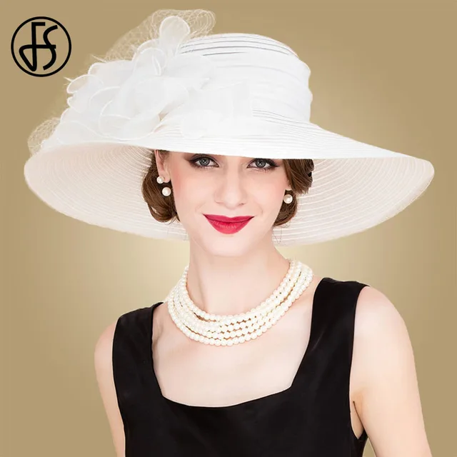 FS Black White Elegant Women Church Hats For Ladies Flowers Large Brim Organza Hat Beach Sun Kentucky Derby Hat Fedora 1
