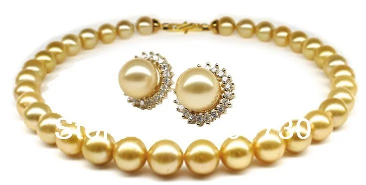 

A0503 Jewelry 00132 HUGE 18"13MM SOUTH SEA GENUINE GOLD PEARL NECKLACE EARRING PERFECT ROUND AAA (0430)
