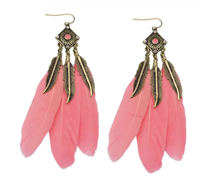 Vintage Bronze Leaf Blue Black Pink Feather Earrings For Women New Vintage Bronze Leaf Blue Black Pink Feather Earrings For Women New Charming Ethnic Jewelry Dangling