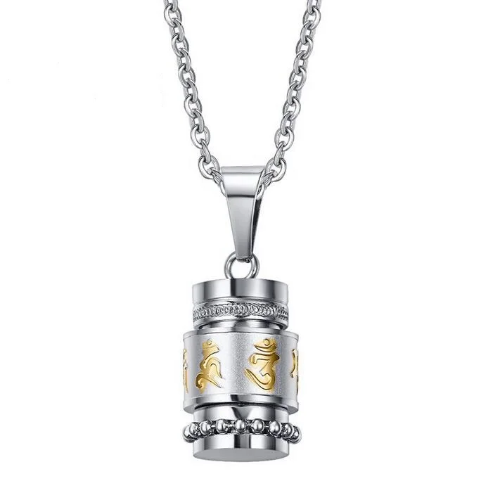 

Stainless Steel Buddhism Six Words Rotatable Necklace women Om Mani Padme Hum Prayer Wheel Mantra Bottle Urn Men Necklace