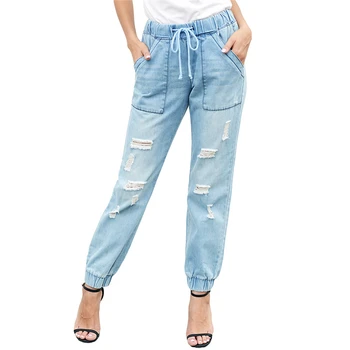 

Fashion High Waisted Drawstring Ripped Mom Jeans for Women Elegant Ladies High Waist Distressed Denim Pants Plus Size