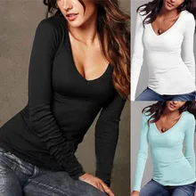Сексуальная Женская футболка с длинным рукавом с v-образным вырезом, облегающая, теплая, осенняя, весенняя, Базовая футболка, топы, KNG88