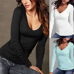 Сексуальная Женская футболка с длинным рукавом с v-образным вырезом, облегающая, теплая, осенняя, весенняя, Базовая футболка, топы, KNG88
