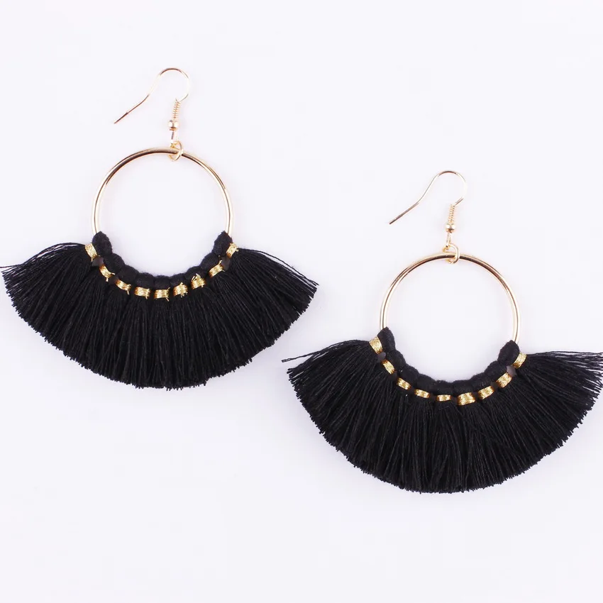 

2018 New Bohemian Cotton Fan Fringe Tassel Earrings Fashion Jewelry Women Black African Big Dangling Earrings Jewelry Wholesale