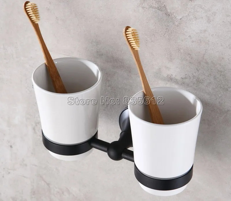 Black Oil Rubbed Bronze Wall Mounted Toothbrush Holder with Two Ceramic