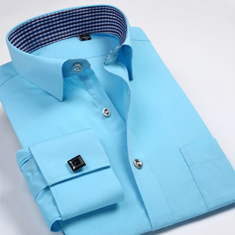 French Cuff Shirts Mens Long Sleeve Formal Business Dress Shirt Solid Twill Party Wedding Tuxedo Clothing with Cufflinks