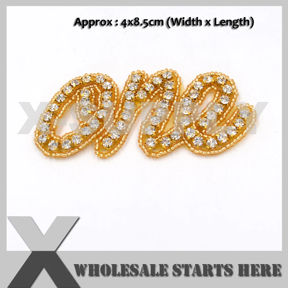 

(3pc/lot) GOLD ONE Design Iron On Clear Rhinestone Applique Patch for Headbands