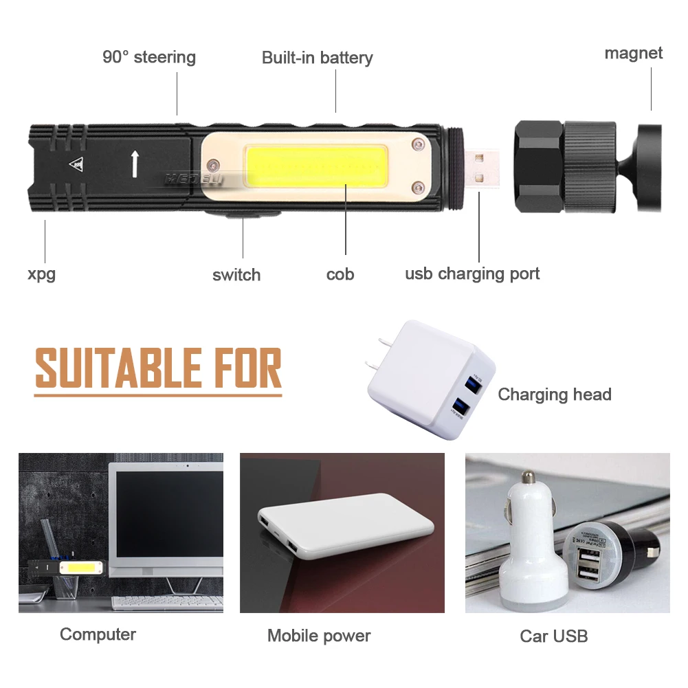 Многофункциональный светодиодный фонарь-фонарик с магнитной лампой, перезаряжаемый через usb, cree xm l2, ручной фонарь для охоты, водонепроницаемый Cob+ l2