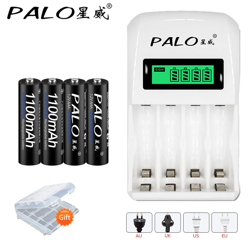 PALO 1100mAh 1,2 V Ni-MH AAA аккумуляторная батарея aaa аккумуляторная батарея с ЖК-дисплеем смарт-зарядное устройство - Цвет: 4PCS and charger