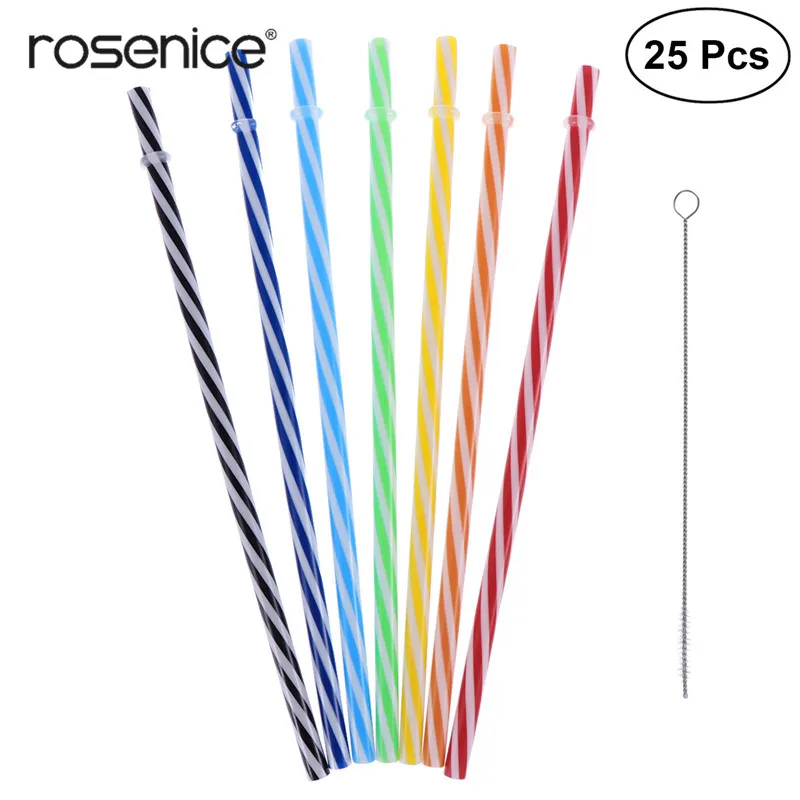 

25pcs Reusable Pure Color Plastic Thick Drinking Straws Two Colors Threaded Straw for Party Home Use with Brush (Mixed Colors)