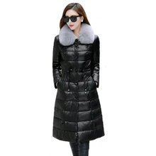 Зимний пуховик с лисьим меховым воротником Женская кожаная куртка женское утепленное плотное пуховое пальто женский большой меховой воротник пуховик