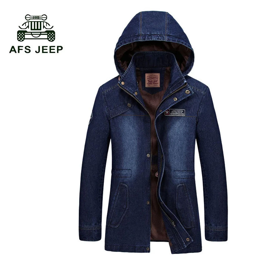 

AFS JEEP 2018 New arrival Fashion style Casual cotton jeans jacket men Size 3XL BLUE denim jacket with hood for men 142z
