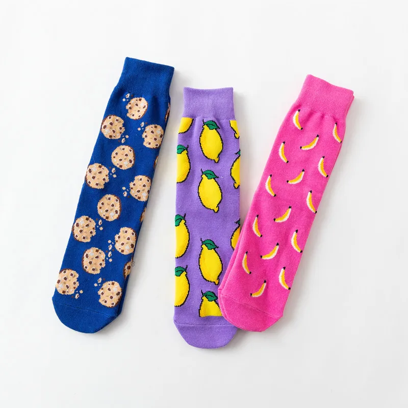 Женские носки с забавными милыми мультяшными фруктами, бананом, авокадо, лимоном, яйцом, печеньем, пончиками, едой, счастливым японским Харадзюку, хип-хоп хлопковые носки