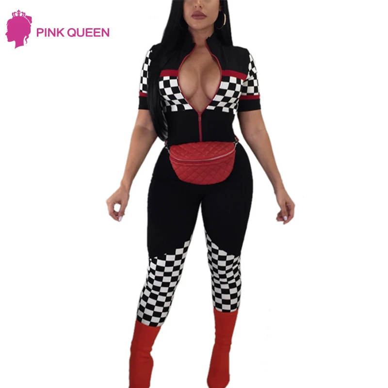 

2019 Sexy Skinny Women Jumpsuit V Neck Patchwork Black White Checkered Racing jumpsuits Bodycon Wear Female Overalls Plus Size